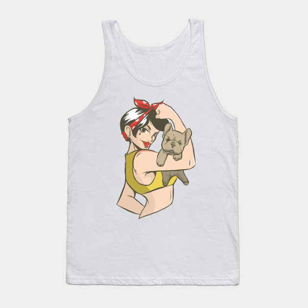 Pinup girl with bulldog puppy